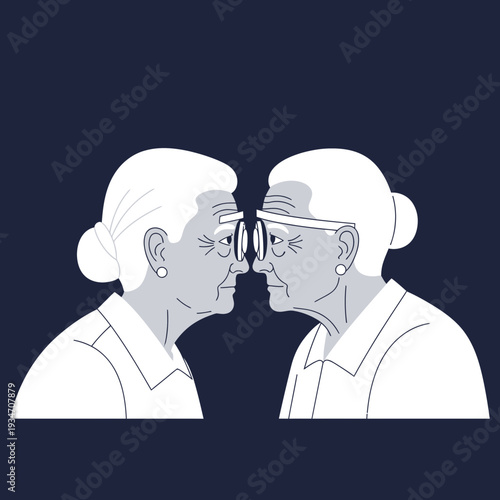 Elderly Women Sharing Spectacles: A Unique and Thought-Provoking Artistic Illustration