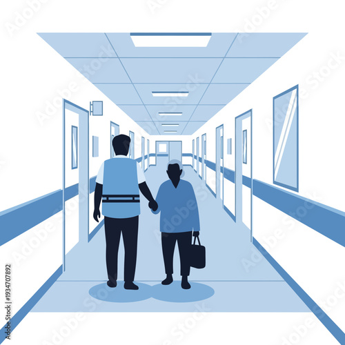 Elderly Patient Assisted by Caregiver Walking Down Hospital Corridor for Medical Assistance