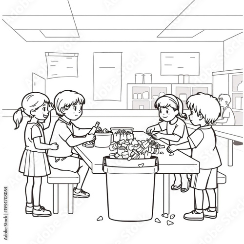 A school cafeteria composting food scraps, children participating as part of normal routine, education