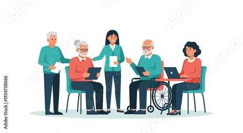 Elderly People Group Discussing Ideas With Young Woman Using Technology for Research Purposes