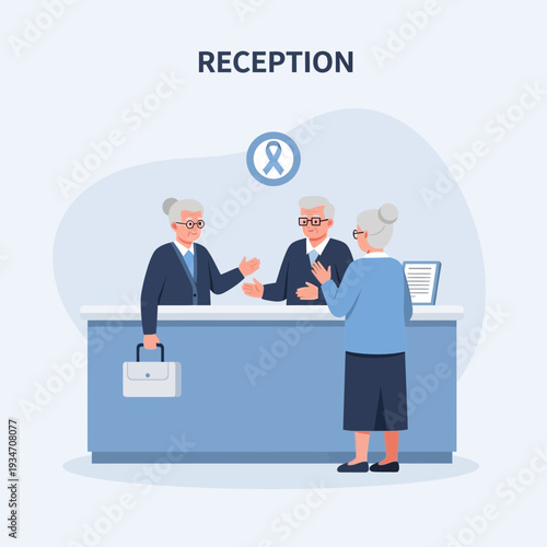 Elderly People Interacting at a Reception Desk in a Modern and Simplified Office