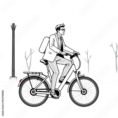A man commuting to work on an e-bike through a city, business casual clothing, normal urban commute