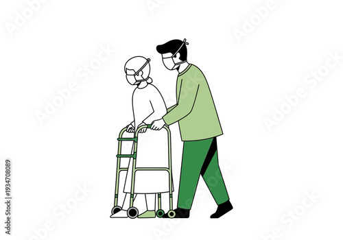Elderly Person Assistance During Pandemic With Walker Representing Protection and Healthcare