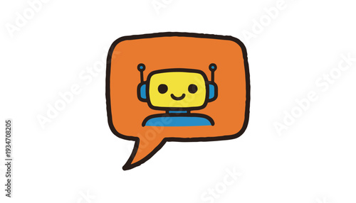Vector chatbot interface icon with robot avatar and orange speech bubble for customer support automation and tech service help desk