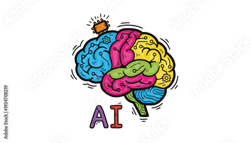 Hand-drawn vector artificial intelligence brain with colorful neural lobes and AI text for digital transformation and technology innovation