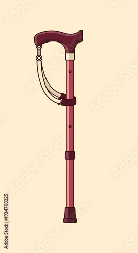 Elegant Burgundy Walking Cane Illustrative Design Showing Support and Mobility Aids for Seniors