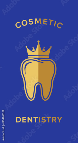 Elegant Cosmetic Dentistry Logo Featuring a Crowned Tooth Design in Gold and Royal Blue