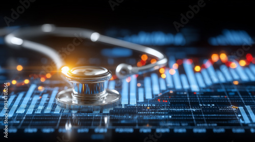 Stethoscope on financial charts and data dashboard symbolizing healthcare analytics, cost management, and clinical decision support.
