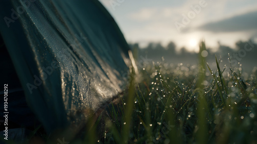 Close-up view of morning dew drops sparkling on fresh green grass blades with a blurred natural background in soft early sunlight