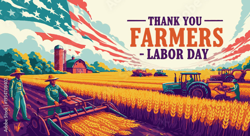 Farmers harvesting wheat field on labor day with american flag background