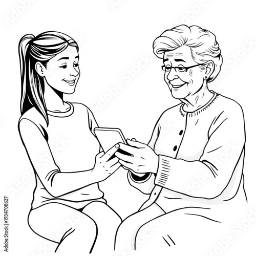 A teenage girl showing her grandmother how to use a smartphone, warmth, patience, generational bond