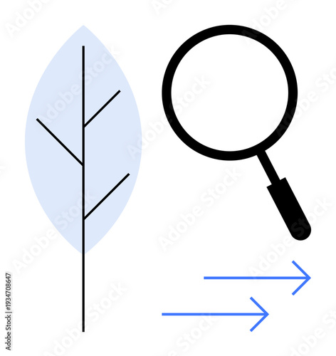 Nature concept. Nature symbols combined with a magnifying glass and arrows, focusing on exploration and environmental analysis. Nature study, sustainability, ecological trends, environment, science