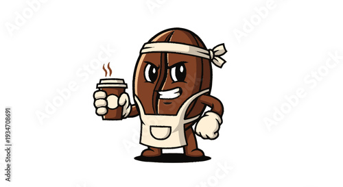 Cartoon coffee bean character holding cup against white background