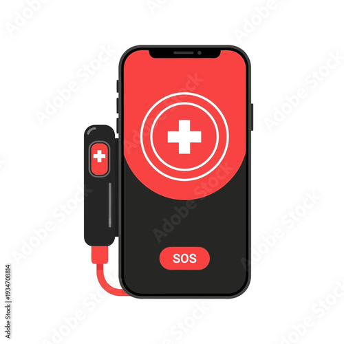 Emergency Alert Smartphone Design Featuring SOS Button and Medical Aid Icon in a Modern Style
