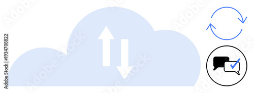 Cloud with upward and downward arrows, circular syncing arrows, chat bubble with tick. Ideal for cloud computing, data synchronization, communication, collaboration, real-time updates, verification