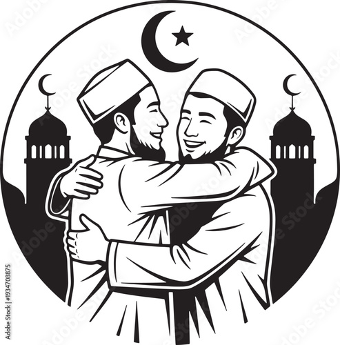 Eid Celebration Engraving-Style Illustration with Two Men Embracing and Floral Islamic Crescent Moon