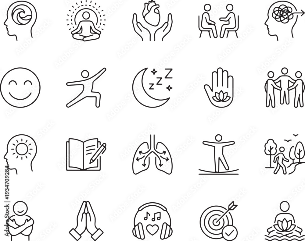 Fototapeta premium Mental Health and Wellness Icons Set – Mindfulness, Therapy and Self Care Outline Vector Collection