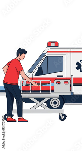 Emergency Medical Services Personnel Interacting With Ambulance Vehicle Ready for Transport.