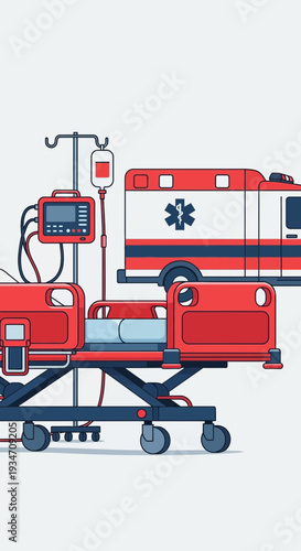 Emergency Medical Services Illustration: Ambulance, Gurney, and Medical Equipment Depiction