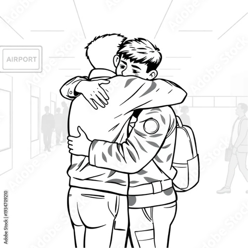 Two brothers, one in military uniform, reuniting at an airport, emotional embrace, candid, no staging
