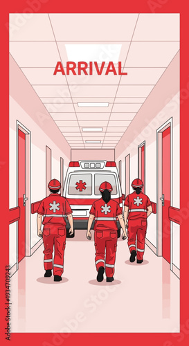 Emergency Medical Team Arriving With Ambulance Through Hospital Corridor For Urgent Assistance