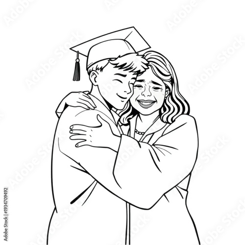 A teenage boy at his high school graduation hugging his single mother, she is crying with pride, authentic emotion