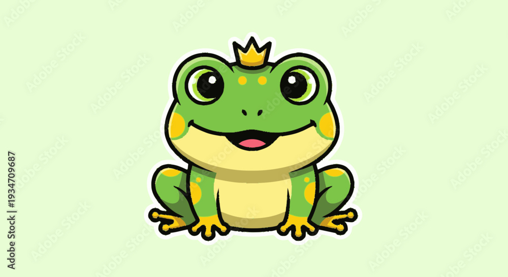 Fototapeta premium Cartoon frog with crown illustration on light green background