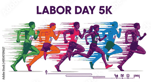 Diverse runners in motion on labor day 5k race with colorful streaks