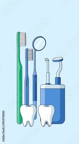 Essential Dental Tools and Healthy Teeth: A Vibrant Illustration for Oral Hygiene Education