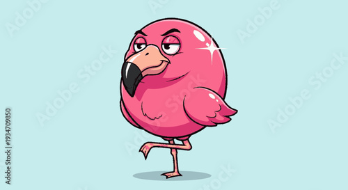 Cartoon flamingo balancing cheerfully with a confident expression on a light background