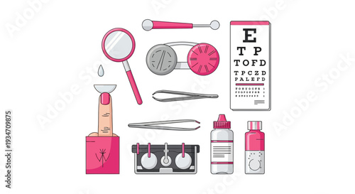 Essential Eye Care: Contact Lens, Vision Chart and Eyecare Accessories Vector Illustration