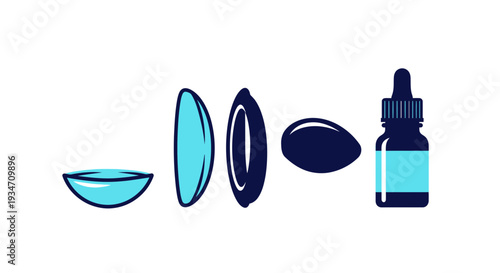 Essential Eye Care Elements: Contact Lenses, Solution Dropper, and Eye Treatment Components