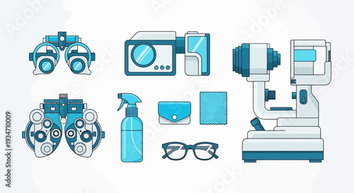 Essential Eye Care Equipment Illustrations for Vision and Optical Health Assessments