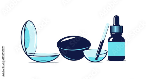 Essential Eye Care Illustration Featuring Contact Lenses, Solution, and Accessories for Vision
