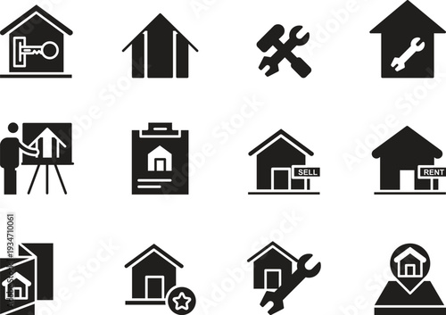Collection of black and white house and construction icons