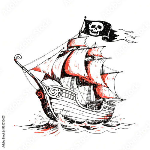 A hand-drawn illustration of a pirate ship sailing on the sea with a skull and crossbones flag. Vector, illustration