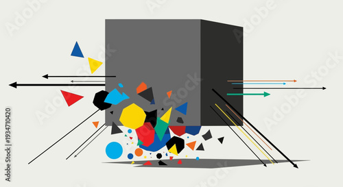 Colorful geometric shapes coming out cube.