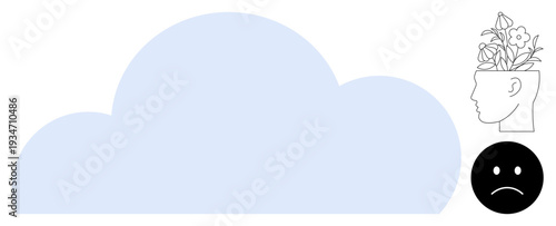 Cloud symbol, head with blooming flowers, sad face emoticon illustrating mental health, emotions, introspection, personal growth, mindfulness self-care. Ideal for wellness psychology themes. Simple