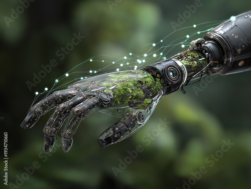 Futuristic robotic arm integrated with green moss and nature, cyborg hand with glowing digital connections in a lush forest background, eco-friendly technology concept.