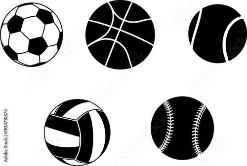  set of  black and white sports balls icons soccer, basketball, tennis, volleyball, baseball