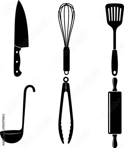 set of kitchen utensils silhouettes knife, whisk, spatula, ladle, tongs, rolling pin