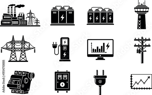  set of black icons representing electricity generation, transmission, and usage