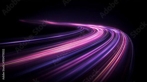 Neon light trails curve on a dark background illustrating high speed data transfer and network acceleration concept.

