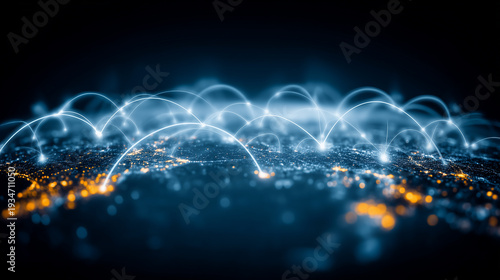 Glowing network arcs over a world map illustrating global connectivity, data exchange, and digital communication concept.

