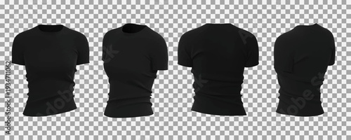Black woman blank T-shirt mockup set, front, back and side views isolated on transparent background.