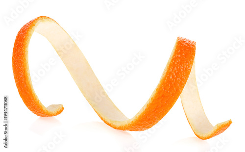 Single fresh orange peel isolated on a white background. Spiral orange twist. Citrus zest.