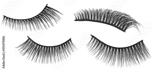 Set with different false eyelashes isolated on a white background, top view.