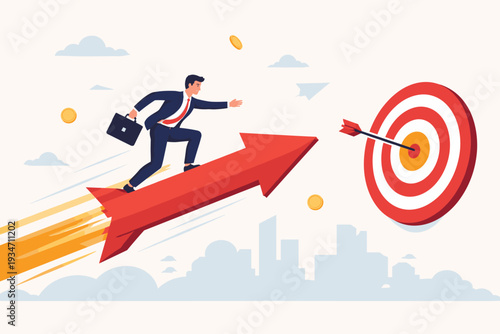Businessman Riding a Fast Growing Red Arrow Towards a Target Bullseye Representing Business Success Achievement Leadership Strategy Goal Setting Career Growth and Financial Profit Motivation