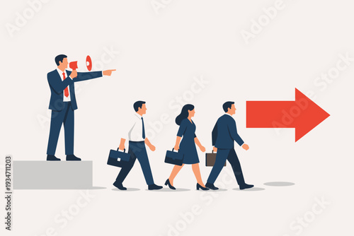 Business Leader with Megaphone Guiding Team Towards Success. Manager Pointing Direction for Employees to Follow Large Red Arrow. Concept of Leadership, Guidance, and Corporate Strategy Goals.