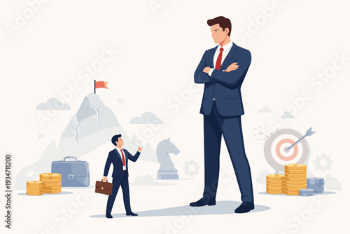 Small Businessman Facing Giant Corporate Boss as Career Obstacle and Competition Concept, Overcoming Difficulties in Work or Entrepreneurship, Ambitious Professional Strategy for Success and Growth